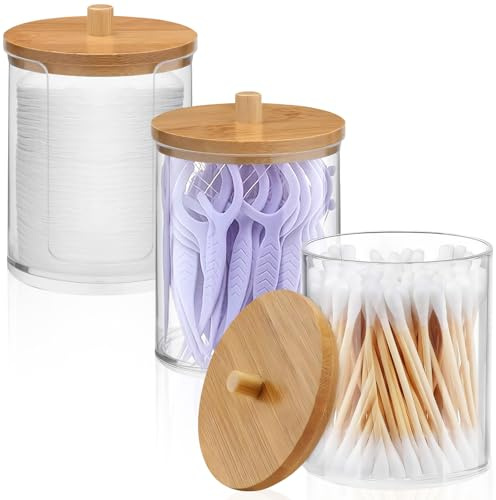 3 Pieza Dispensador Bolas Algodón con Tapas Bambú, Dispensadores Discos Desmaquillantes, Organizador Almohadillas Maquillaje, Caja Cosméticos Almacenamiento, Bastoncillos Hisopos Baño