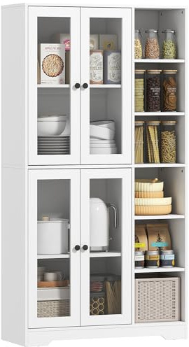 HOMCOM Küchenschrank Buffetschrank mit 4 Soft-Close-Glastüren, 6 offenen Fächern, Moderner Hochschrank mit Verstellbaren Einlegeböden, Vorratsschrank, 90 x 35 x 172 cm, Weiß