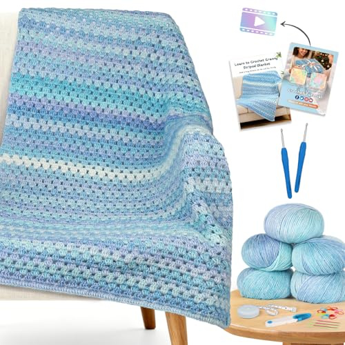 Reessy Crochet Kit, Easy Starter Crochet Blanket Kit with Soft & Colorful Gradient Yarn Detailed Video Tutorials Crocheting Accessories, Complete Starter Crochet Kits for Beginners Adults-Aurora Blue