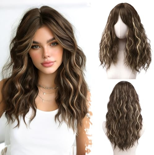BARSDAR Bouclée Ondulée Balayage Blond Perruque, Moyen Longueur Ondulée Highlight Perruques pour Femmes 50cm Synthétiques Bouclée Perruque avec Face-Framing Curtain Bangs D'aspect Naturelle Halloween