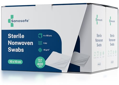Sanosafe Garze Sterili 10x10 cm 400 pezzi | Garza in tessuto non tessuto per medicazione | Morbide, assorbenti e senza pelucchi