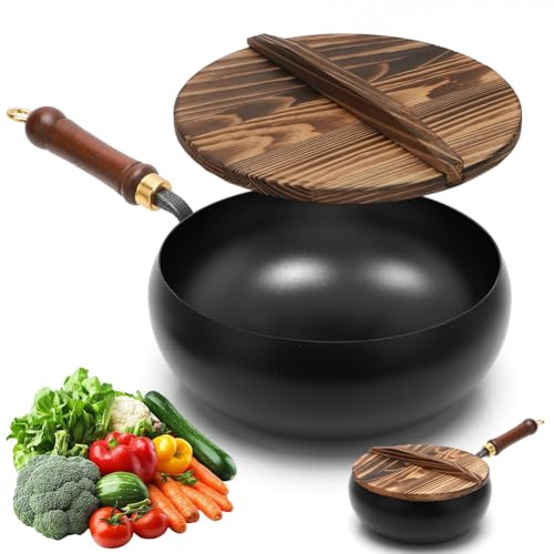 Sartén de hierro forjada sin recubrimiento, sartén forjada a mano, sin recubrimiento, cacerola grande con tapa, sartén antiadherente para cocina de gas de inducción (24 cm-B)