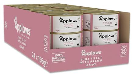 Applaws Natural Wet Cat Food Cans, Tuna with Prawn in Broth - 24 x 156g
