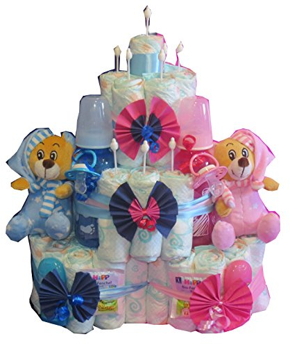 Windeltorte für Zwillinge mit viel Zubehör | Windelgeschenk Zwillinge