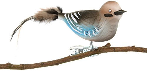 Birds of Glass® Glas-Vogel, Eichelhäher mit Naturfeder, Glasschmuck Made in Germany aus eigener Herstellung, deko Vogel mit Clip, Glasvogel, echter Lauschaer Christbaumschmuck, für Innenbereich