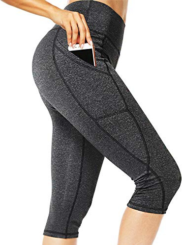 CFR Capri Leggings with Pockets High Waisted 3/4 Length Gym Leggings Tummy Control Sports Workout Running Yoga Pants Dark Grey M