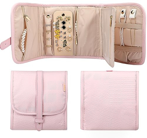 Voova Travel Jewelry Holder Organizer Case, Small Jewelry Storage Bag for Women Girls, Foldable Traveling Jewellery Pouch Roll for Necklaces Rings Earrings Bracelets, Mini, Light Pink