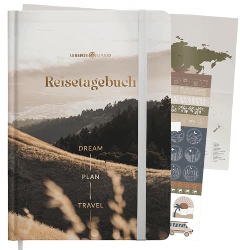 LEBENSKOMPASS® Reisetagebuch Hills zum ausfüllen A5 Platz für 50 Erinnerungen selberschreiben - Reisedokumentation & Achtsamkeitsübungen - Tagebuch für den Urlaub zur Organisation und Erinnerung