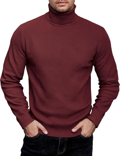 COOFANDY Suéter para hombre con cuello de tortuga, suéter acanalado con cuello vuelto, suéter de manga larga, prenda de punto ligera para negocios y trabajo, Vino Tinto, L