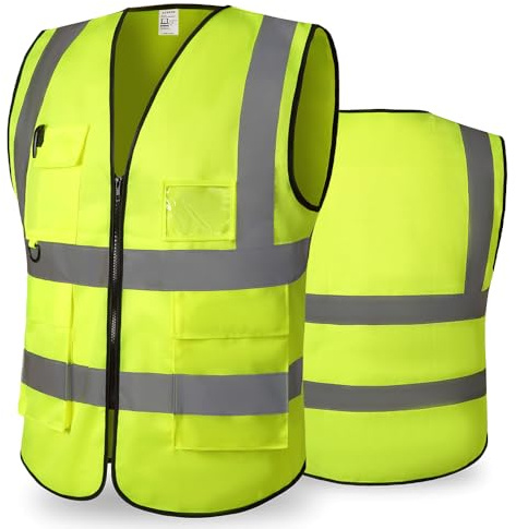 CCSOVO Warnweste für Herren and Damen mit Taschen Hohe Sichtbarkeit Fahrradweste mit Reißverschluss Reflektierende Weste Arbeitsweste