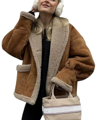 ASELIA Giacca invernale da donna in finta pelle scamosciata, cappotto casual vintage in lana con risvolto, cappotto in pelle scamosciata calda alla moda, Marrone, M