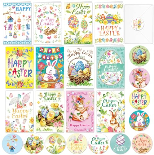 HOWAF Easter Cards Multipack of 12 Different Designs, Happy Easter Card with Envelopes Stickers, Easter Egg Bunny Easter Greeting Cards Easter Postcards, Easter Gifts for Kids, Family, Friends