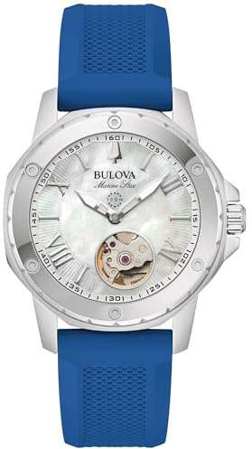 Bulova Ladies' Marine Star Automatic Stainless Steel Case and Blue Silicone Strap, Mother of Pear Dial Style:96l324