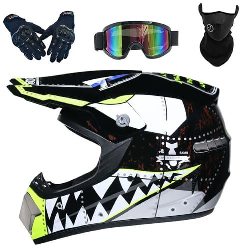 Casco Moto Niño 5-12 Años Casco Motocross Infantil Dot Casco Integral MTB con Guantes Gafas Máscara para MX Off Road ATV(#C1,L(56-57cm))