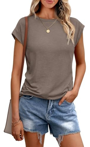 Chicrise Sleeveless Tops for Women UK Summer Crew Neck Blouses Cap Sleeve Classic Simple T Shirts Taupe Gray Large 16-18