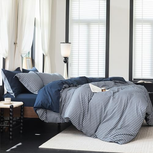Warm Moment Reversible Duvet Cover Set 100% Washed Cotton Blue Stripe Linen Feel Duvet Cover King Size with Zipper Closure & 2 Pillow Shams,Navy/White Stripe Reverse Solid Navy