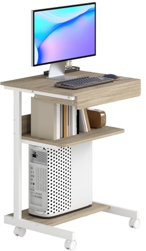 HOMCOM Scrivania Tavolo per Computer, Cassetto, 4 Rotelle, 56x51 cm, Rovere | Scrivania da Ufficio, 4 Rotelle, 2 Ripiani Aperti, Postazione di Lavoro con Supporto CPU, per Studio