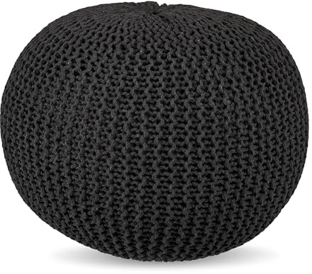 Relaxdays Pouf, stickad, H x D 33 x 46 cm, polystyrolfyllning, rund golvsittdyna, boho-pall, sittpuff, mörkgrå