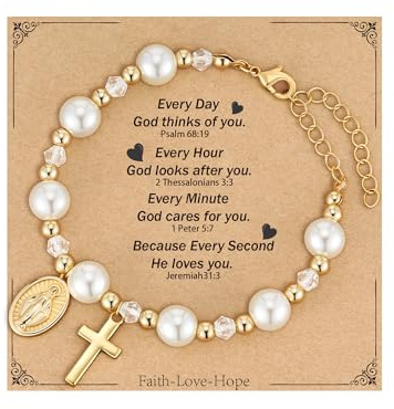 Fervia Catholic Gifts Virgin Mary Cross Rosary Pearl Bracelet for Girls Women Confirmation First Communion Baptism Religious Christian Jewelry Gift(Every Day)