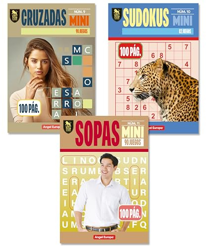 Pasatiempos Angel Europa Mega Pack Libros de Bolsillo, 100 páginas - Elige tu Pack de 3, 4 o 12 Libros de Sudokus, Sopas o Cruzadas - Formato Mini 11x16 cm, Envío Gratis (Pack 3 Libros Variado)