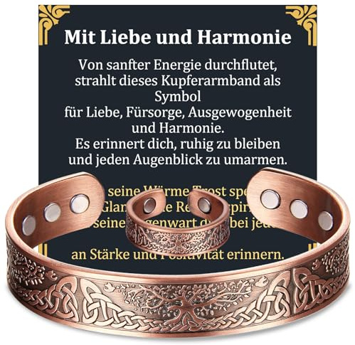 MagEnergy koppararmband & ring – 99,99 % ren koppar, magnetiskt armband med 6 magneter (3 800 gaus), justerbart hälsosmycke som gåva (koppar 356)