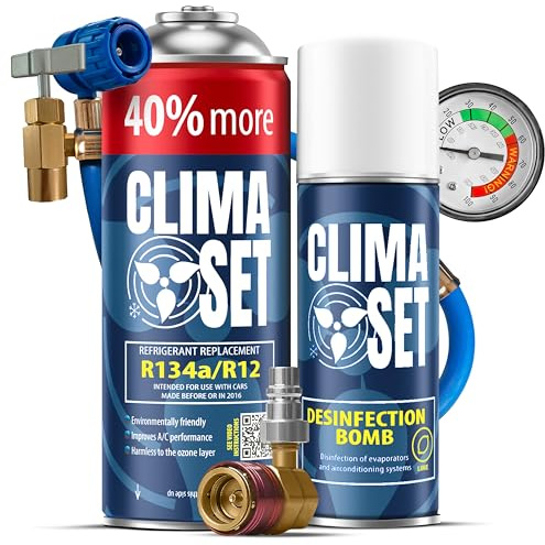 ClimaSet – R134a köldmedium XL & luftkonditioneringsrengöringsmedel för bilar & slang & adapter – Luftkonditionering Självpåfyllningsset – Påfyllningsset, Bilklimat Påfyllning – 235 g