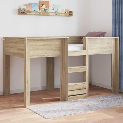 Teenpull Våningssäng för barn, Sonoma-ek 90 x 190 cm, trämaterial, robust sängram med ribbotten, platsbesparande dubbelsäng för barnrum och ungdomsrum, säker sovplats