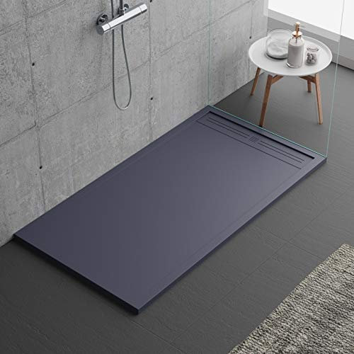 Plato de ducha gris oscuro, diseño moderno, modelo Oviedo, de mármol y resina con efecto piedra pizarra, luxury, gelcoat, slim 3 cm 90 x 110