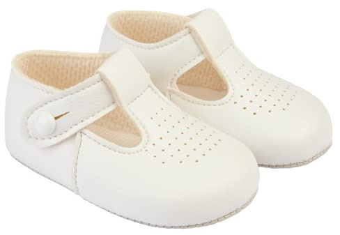 EARLY DAYS Baypods, Baby Shoes for Boys & Girls, Soft Soled Pre Walker Shoes, Soft Faux Leather Baby Boys & Baby Girls Shoes, B625 T Bar Style Shoe with Hole Punch, Made in England, White, 0 UK Child