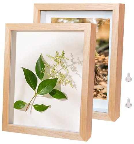 Houstimi Lot de 2 cadres photo 3D à remplir - En bois massif et verre véritable - 13 x 18 cm - Naturel