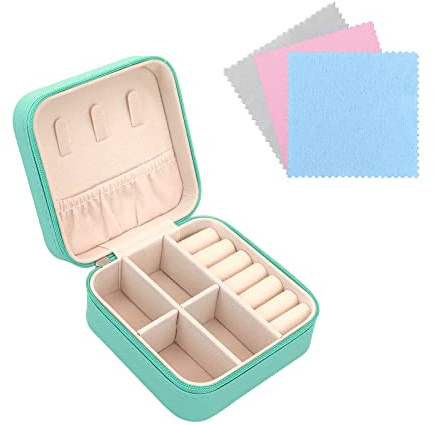 FuninCrea Jewellery Box Organiser for Women, Mini PU Leather Travel Jewelry Storage Case with 3pcs Silver Cloth for Rings Earrings Necklace, Portable Jewelry Case for Girl, Wife, Mother (blue)