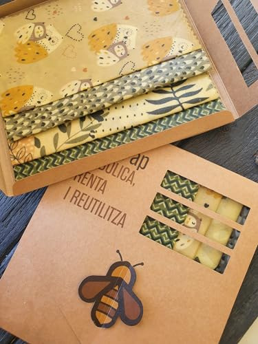 ApiDrap | Emballage en cire d'abeille | Lot de 4 tailles : 35 x 35 cm, 30 x 30 cm, 25 x 25 cm, 20 x 20 cm, tissu ciré réutilisable pour les aliments, remplacement écologique et durable du papier