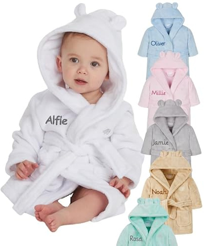 Gembroidery Personalised Baby Bathrobe Hooded Fleece Dressing Gown Super Soft Gifts Bath Robe For Boys Girls Cute Teddy Ears (2-3 White)