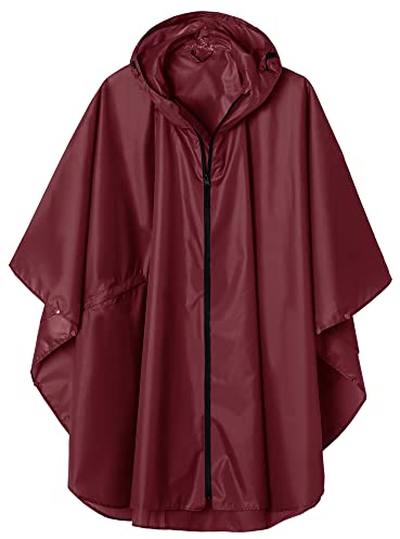 Regen Poncho Jacke Mantel für Erwachsene mit Kapuze wasserdicht mit Reißverschluss im Freien, Weinrot