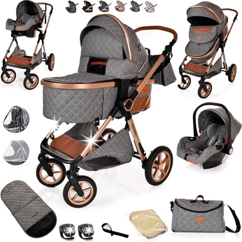 Baby Buggy Pram Pushchair Stroller 3 in 1 Child Lightweight Folding Stroller 3 in 1 Travel System Pram for Newborns & Toddlers from Birth Aluminum (Grey - Rose Gold Frame)