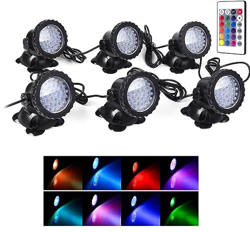 SHOYO Pond Lights Color Changing Spotlights with Timer, Submersible Fountain Lights Memory Dim Adjustable IP68 Waterproof Underwater RGB for Outdoor Garden Yard Lawn Water Pond Fountain(6 Lights)