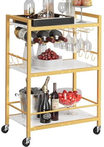 TUTOTAK Bar Cart with Wheels, Drink Cart with Wine Rack and Glass Holder
