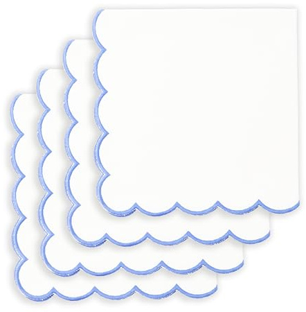 PurpleEssences Scalloped Embroidery Cloth Napkins - Spring Easter Summer - Table Decor - 100% Cotton - Set of 4-18x18 inch - White - Edges - Light Blue