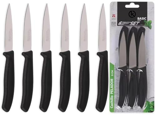 KROWN - Set de Cuchillos, Pack de 6 Cuchillos de Uso Diario. Juego de 6 Cuchillos Pelador. Mango Negro Resistente y Duradero. Cuchillo Apto para Carne, Pelador, Cocina, Mesa. Set 6 Piezas
