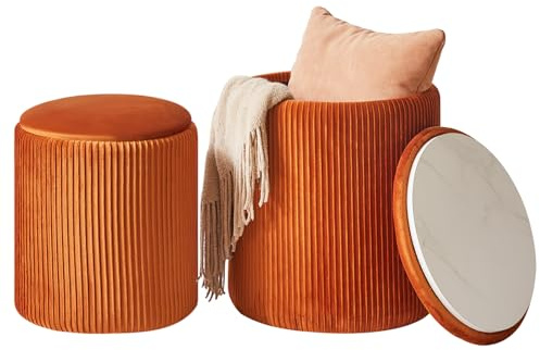 IBUYKE Set de 2 armoires ottomanes Rondes, vanité en Velours pour Le Maquillage, Table Basse rembourrée Moderne, Repose - Pieds Multifonctions pour Salon et Chambre à Coucher, Orange WBD005J
