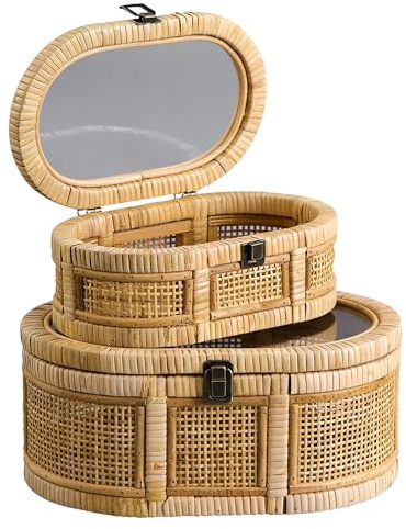 SOFE Oval Rattan Boxes with Glass Lid Set of 2, Farmhouse Stacking Decorative Boxes for Home Decor Organizers, Handwoven Boho Storage Bins, Thanksgiving, Christmas, Housewarming Gifts