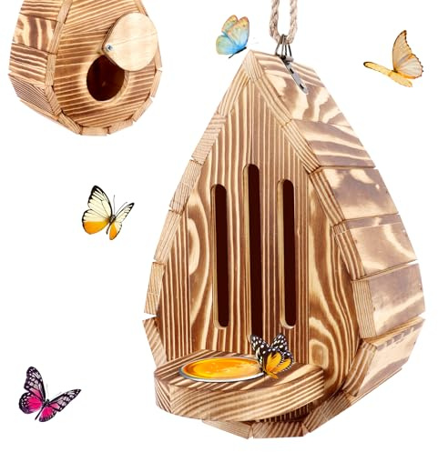 Wooden Butterfly House and Feeder, Hanging Butterfly House for Garden, Natural Butterfly Habitat with Butterfly Puddler for Outside Butterflies, Moths - Backdoor, Easy to Clean