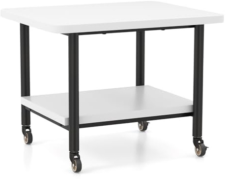 GIANTEX Tavolo per stampante con ruote, supporto per stampante, carrello per stampante, arrotolabile con 2 livelli, mobile per stampante, in legno, tavolino per stampante, scaffale a rotelle (bianco +