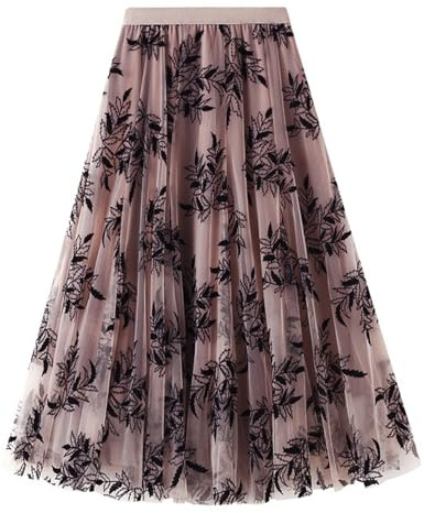 Flygo Women's Midi Long Tulle Skirts Dressy Casual Elegant A-Line Elastic Waist Foliage Embroidery Mesh Skirt(Pink-S)