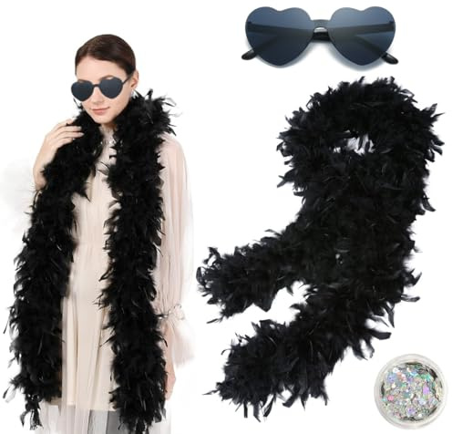 1 pezzo Boa di piume, sciarpa di piume,Piume Nere,1 occhiali neri + 1 glitter per il viso Abbigliamento,lunghezza circa 2 m, Charleston, anni '20, flapper, carnevale, festa in maschera