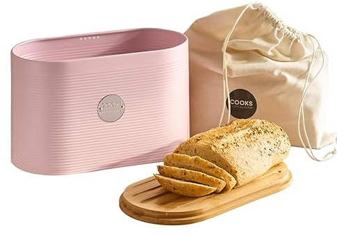 Cooks Professional Ribbed Bread Bin with Linen Bag & 2-in-1 Bamboo Cutting Board Lid | Modern, Stylish & Breathable Countertop Food Storage Canister for Loaves, Rolls, Pastries | Pink & Silver