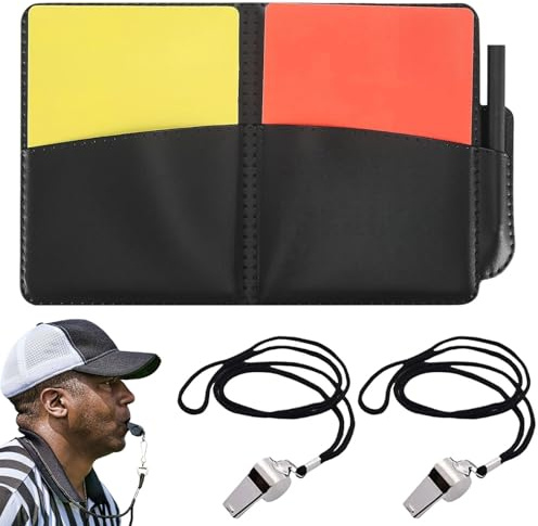 FWORUAIS Set di carte da arbitro – Carte rosse e gialle con fischietto in metallo e cordino, fogli di risultato e matita per partite di calcio e basket
