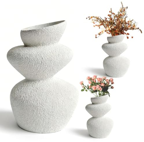 Umllpet Jarrón de cerámica, diseño de torre de piedra, color blanco, con estructura de piedra áspera, para flores secas, hierba de las Pampas, flores frescas