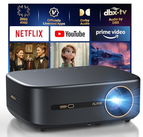 Alvar Smart Projector 2026 Upgraded, 2500 ANSI, 4K Supported, Built in NetfIix App, DoIby Audio & 50W Speakers, Auto Focus, WiFi 6, Bluetooth 5.3, Home Theater & Outdoor Movie Projector, Black