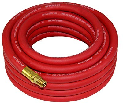 Goodyear 25' x 3/8 Red Rubber Air Hose - Working Pressure: 250 PSI - Burst Pressure: 1070 PSI - 100% Brass 1/4 NPT Fittings - Made in USA
